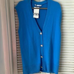 Zara blue fluffy long sleeveless cardigan